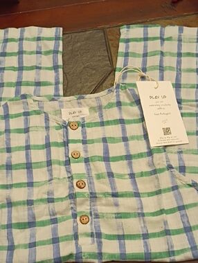 Play Up Blue & Green Plaid Button Front Romper